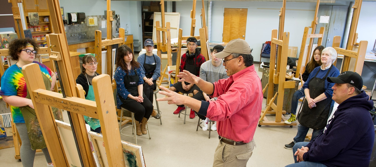 Students and professor in the studio with easels